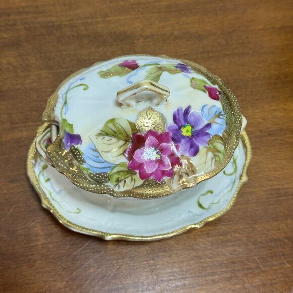 Antique Mikado Japan Condiment Server Vintage Hand Painted with Lid Floral Gold - Picture 4 of 12